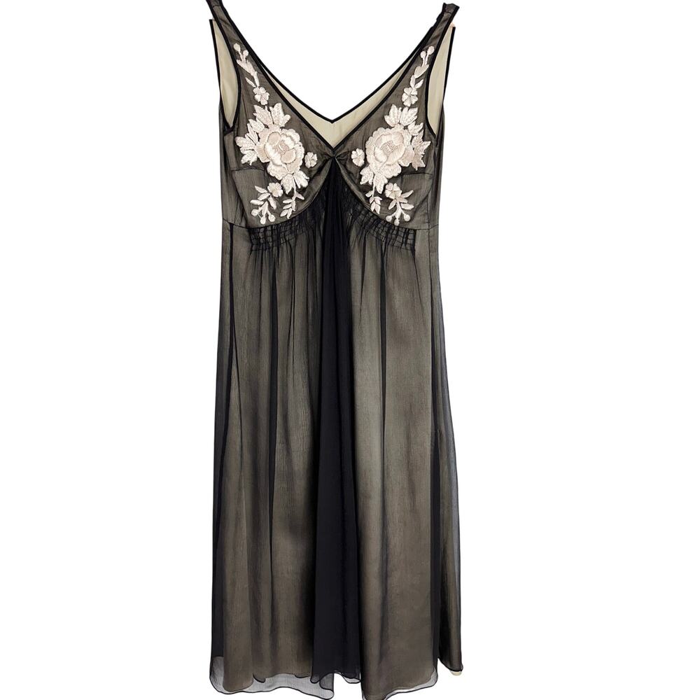 Megan Park Silk‎ Midi Floral Embroidered Babydoll Dress | Black Cream | SZ 6